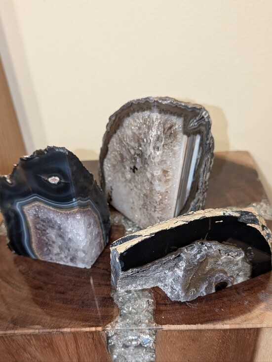 Brazilian Agate Other - Agate Geode Sections Set of 3 Naturally Colored Black, Gold, Silver & Iridescent